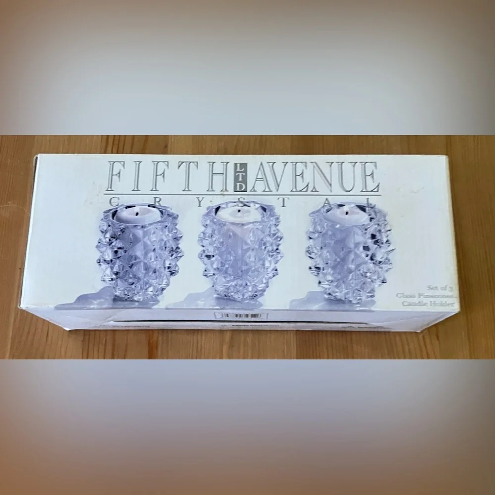 NEW Fifth Avenue Crystal Glass Pinecone Candle Holders - Set of 3, incl candles